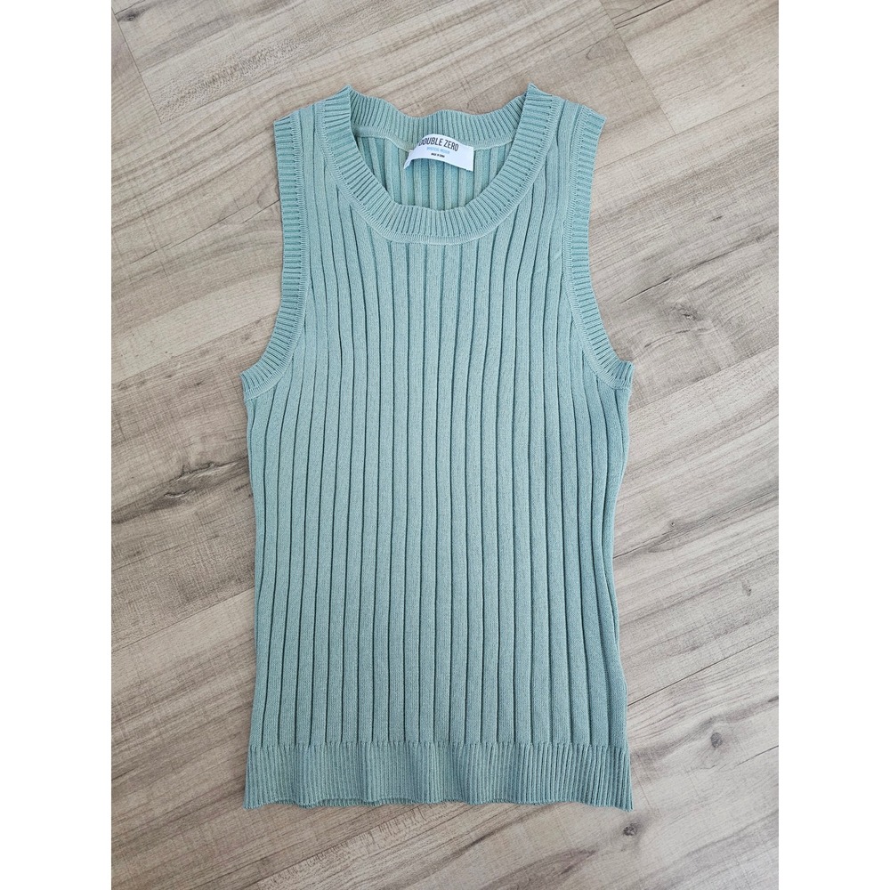 Double Zero Womens Sage Green Ribbed Knit Tank Top Crew Neck Sleeveless M